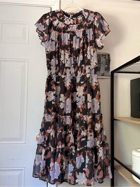 DESTINATION 365 multicolor floral ruffle flutter short sleeve tiered midi dress